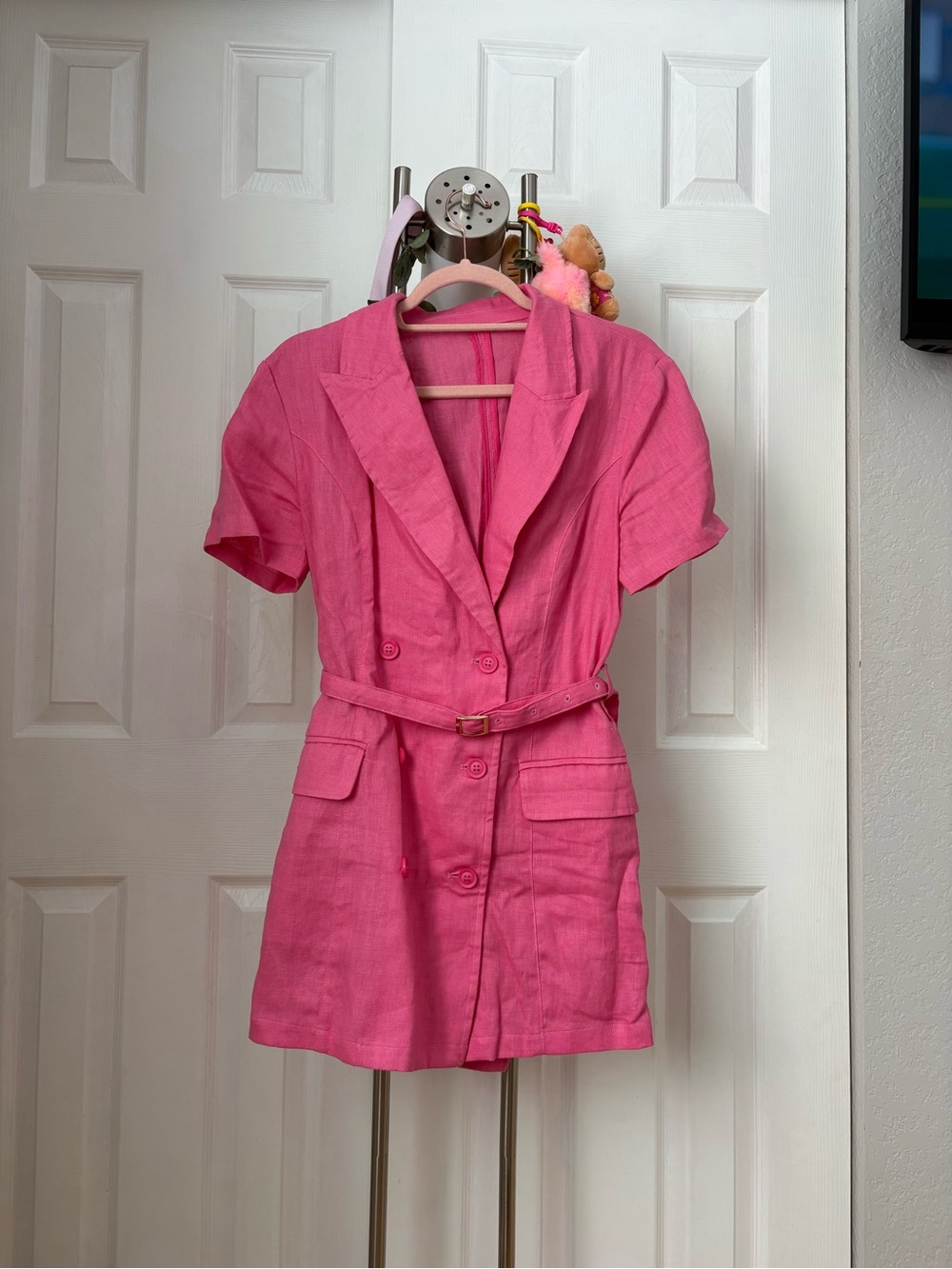 Bright Pink Short Sleeve Belted Blazer Dress